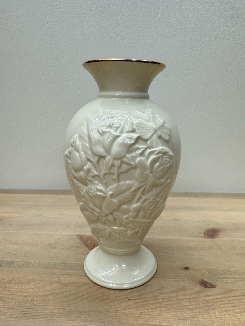 Vintage Lenox Embossed Floral Ceramic Vase with Gold Rim - Cream